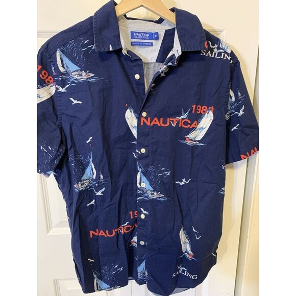 Vintage‎ Nautica Blue Sail ALL OVER PRINT Sailing Shirt Men’s Sz M - Picture 1 of 8